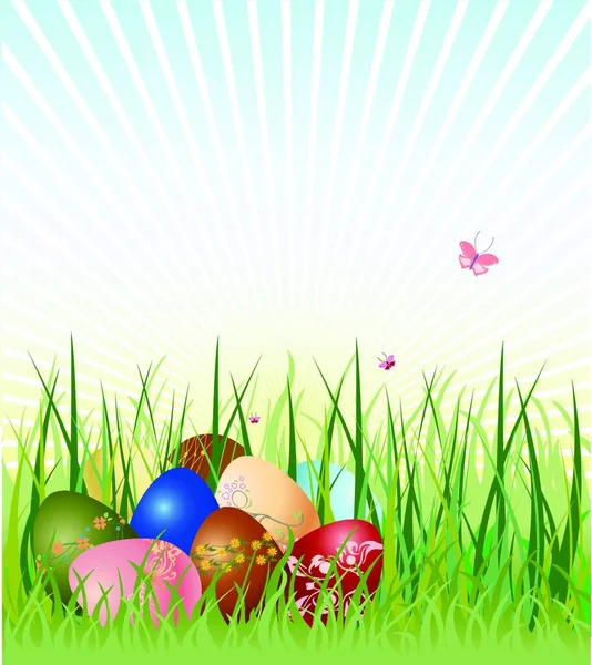 Ilustración Vectorial Huevos Pascua Sobre Hermoso Fondo Hierba Verde Los — Archivo Imágenes Vectoriales