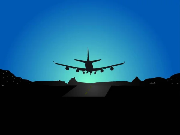 Ilustracja Samolotu Lądującego Widokiem Góry Światłami Domu Oddali — Wektor stockowy