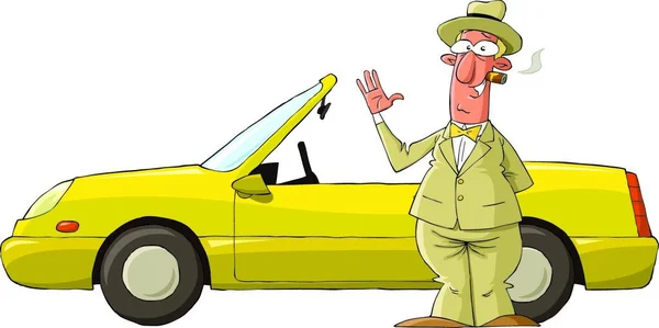 一个男人在一个黄色汽车矢量的背景上 — 图库矢量图片