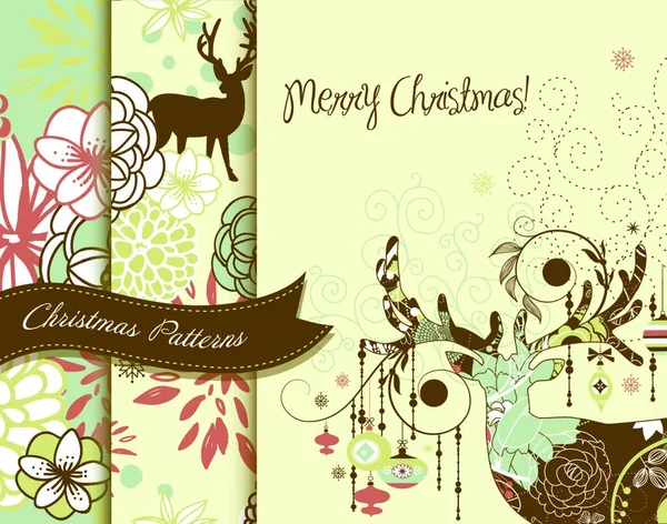 Conjunto Patrones Creativos Navidad Con Ciervos Flores — Archivo Imágenes Vectoriales