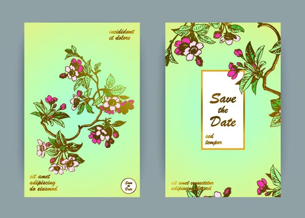 Botanical Boda Invitación Tarjeta Plantilla Diseño Dibujado Mano Flores Sakura — Vector de stock