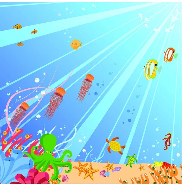 Illustration Vectorielle Fond Coloré Avec Des Créatures Des Mers Style — Image vectorielle