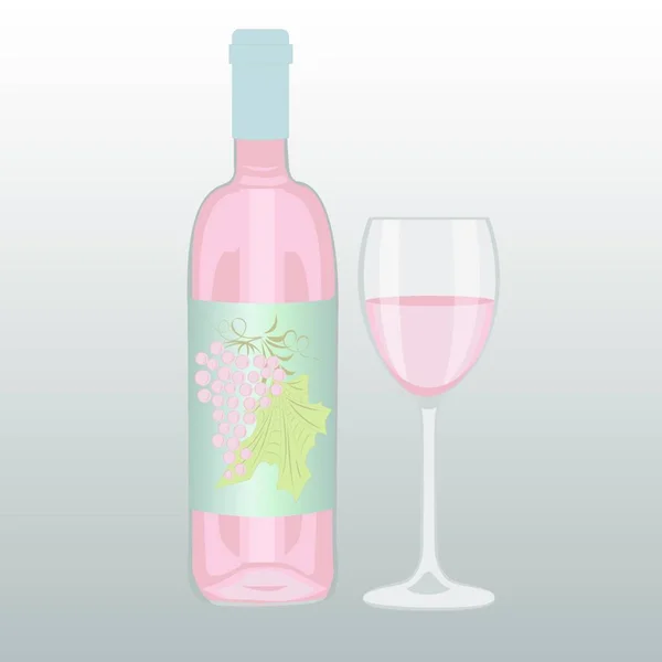 Garrafa Vinho Rosa Copo Sobre Fundo Branco —  Vetores de Stock