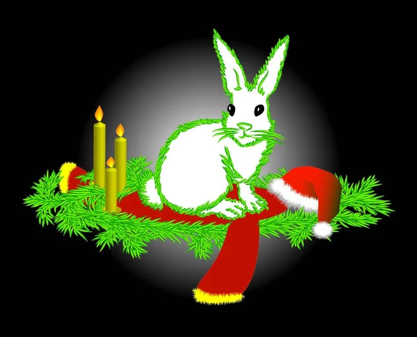 Bílý Zajíc Jehličkami Kožešinových Stromů Blahopřeje Vánocům — Stockový vektor