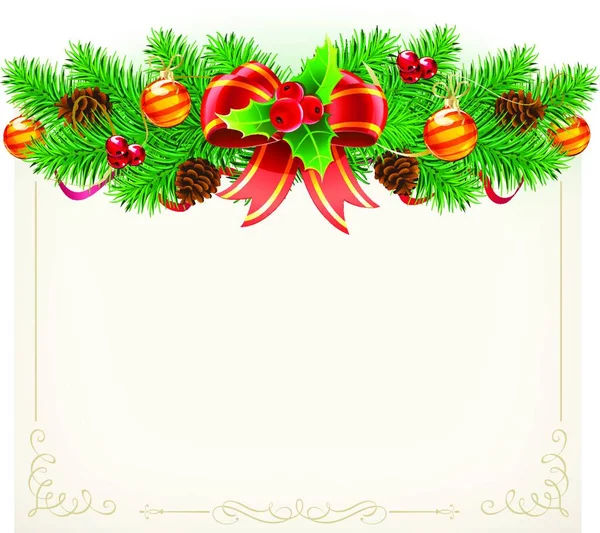 Ilustração Vetorial Natal Decorativo Quadro Evergreen Ramos Fita Vermelha Pinhas — Vetor de Stock