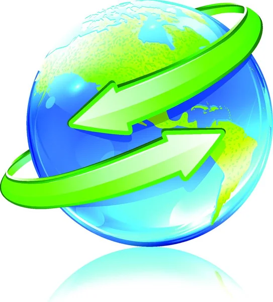 Vektorové Ilustrace Lesklý Zemi Mapu Světa Zelené Šipky — Stockový vektor