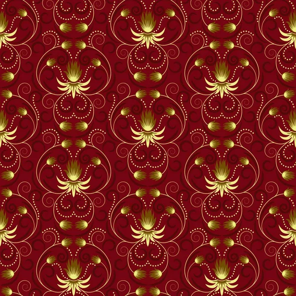 赤地に金の抽象的な花を持つシームレスなパターン 任意のサイズで繰り返され 拡大することができます — ストックベクタ