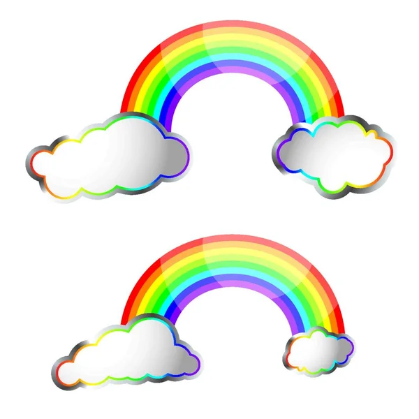 Two Bright Colourful Rainbows Fluffy Clouds — Stock Vector