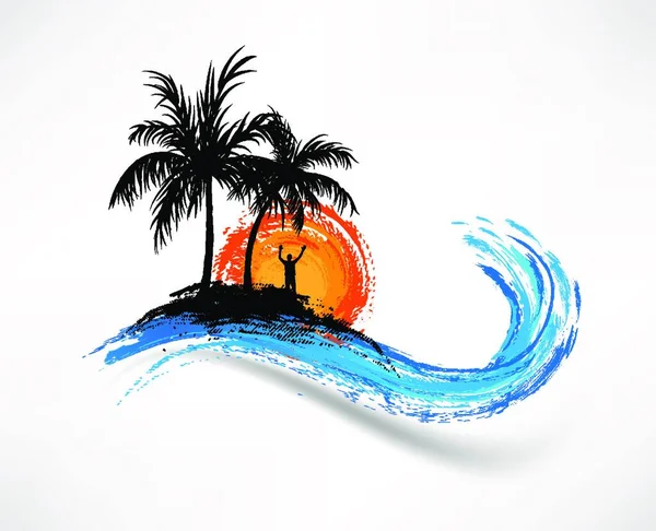 Palmiers Vagues Océaniques Homme Contre Coucher Soleil — Image vectorielle