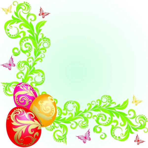 Ostern Hintergrund Mit Eiern Mit Goldenen Ornamenten Und Grünen Pflanzen — Stockvektor