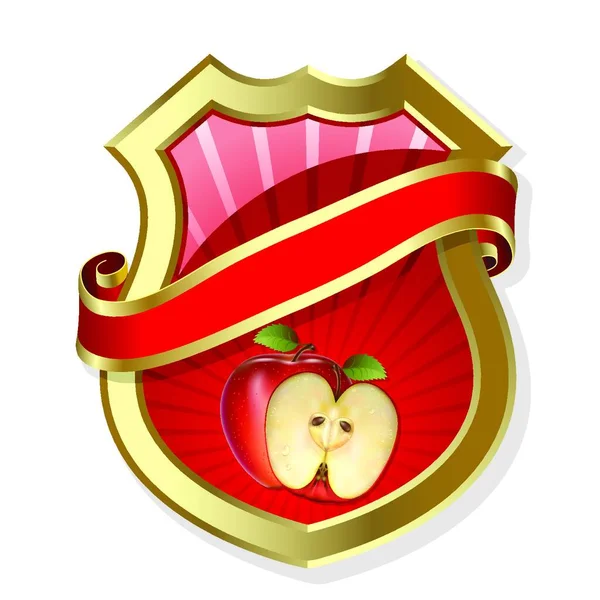 Etiqueta Enmarcada Oro Con Manzana Cinta Roja — Vector de stock