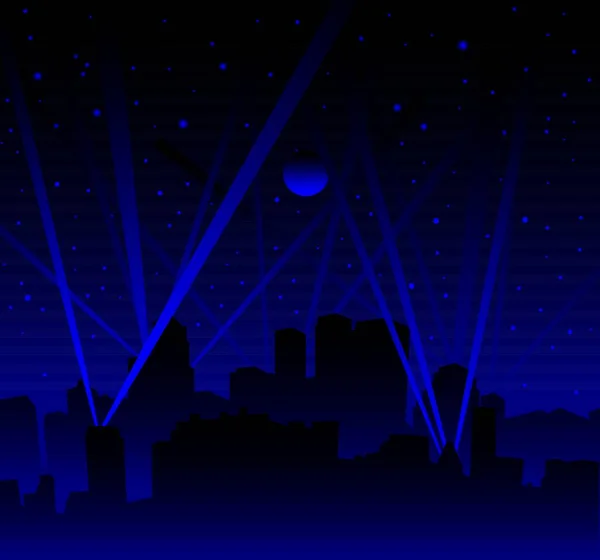 Noche Oscura Con Luna Grande Estrellas Con Reflector Horizonte Ciudad — Vector de stock