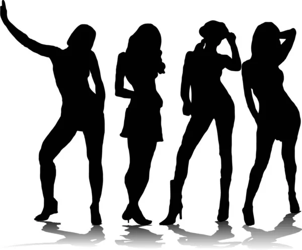 Group Four Sexy Women Black Silhouette Shadow — Stock Vector