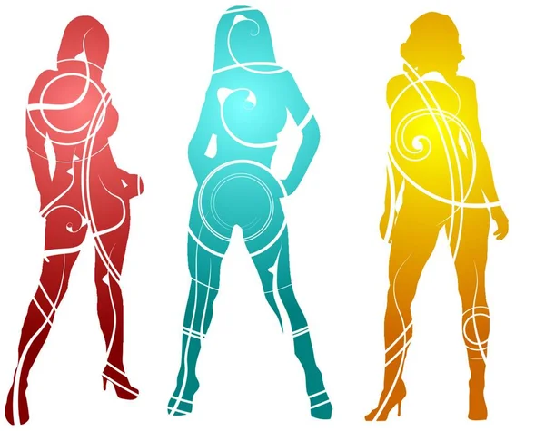 Illustration Von Drei Sexy Frauen Mit Einem Floralen Muster Über — Stockvektor