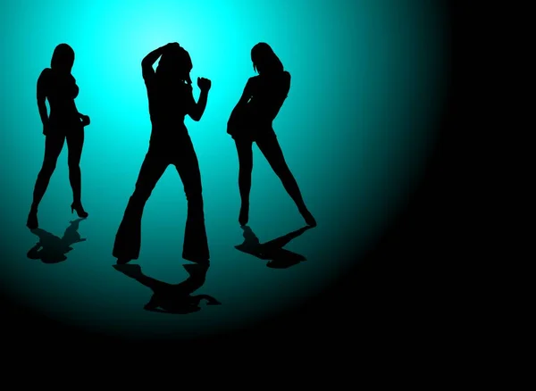 Sexy Ilustración Tres Mujeres Bailando Sobre Fondo Azul Negro — Vector de stock