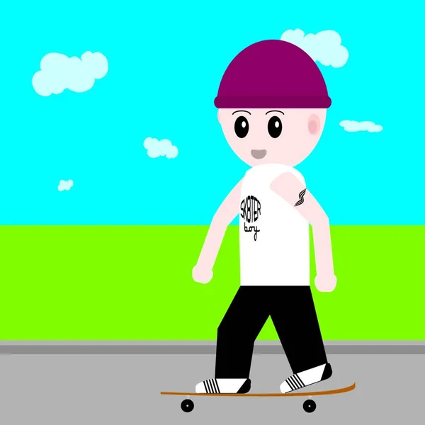 Kartun Skater Anak Laki Laki Bergulir Sepanjang Sisi Berjalan - Stok Vektor