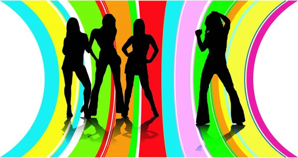 Vier Sexy Dansers Silhouet Een Regenboog Achtergrond — Stockvector