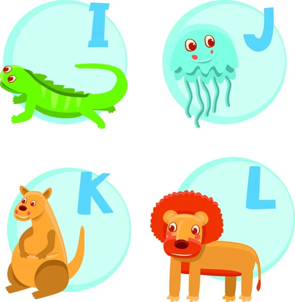 Vector Funny Cartoon Alphabet Iguana Jellyfish Kangaroo Lion — Stock Vector
