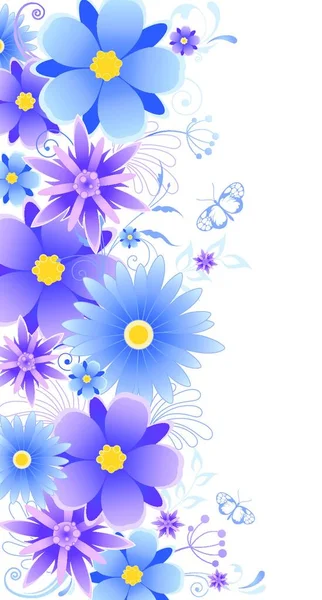 Fundo Floral Com Flores Azuis Folhas Ornamento Borboletas — Vetor de Stock