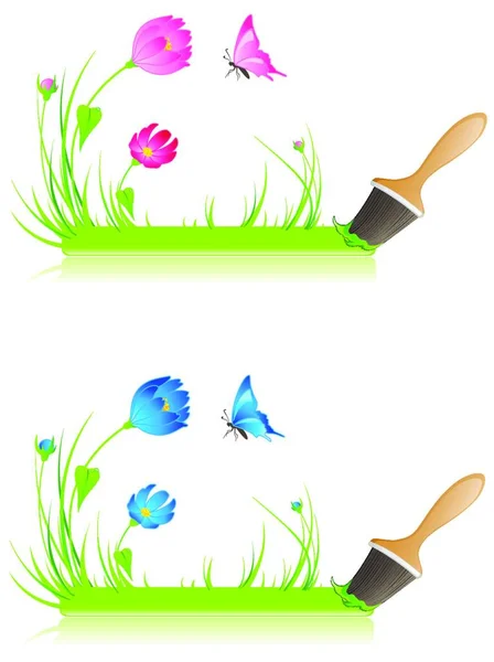 蝶と花と緑のバナー — ストックベクタ