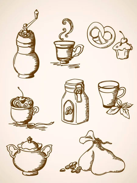Set Von Handgezeichneten Kaffee Ikonen Retro Stil — Stockvektor