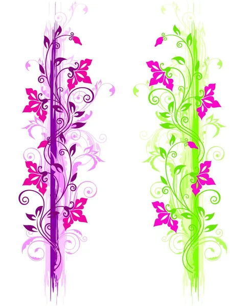 Цветочный Гранж Украшение Зеленым Фиолетовым Орнаментом Красные Цветы — стоковый вектор