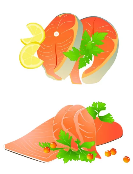 Trozos Salmón Fresco Con Limón Sobre Fondo Blanco — Vector de stock