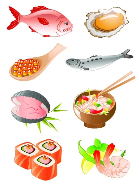 Set Fish Seafood Icons — Stock Vector