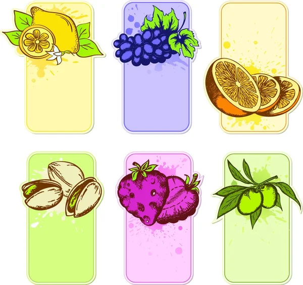 Jeu Étiquettes Fruits Vectoriels Dessinées Main — Image vectorielle
