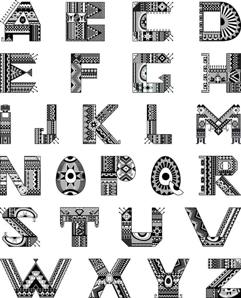 Alphabet Monochrome Dans Style Ethnique — Image vectorielle
