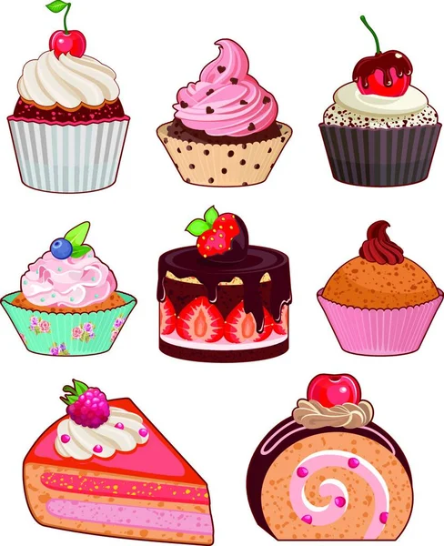 色香味俱全蛋糕用不同的莓果和填料的集 — 图库矢量图片