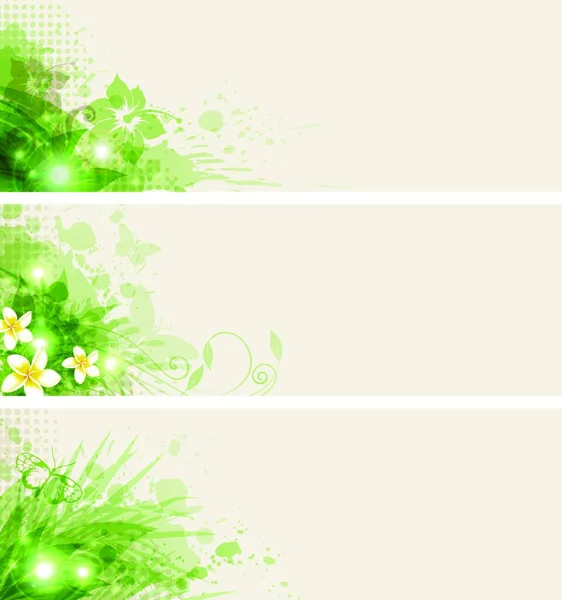 Conjunto Bandeiras Vetoriais Com Flores Folhas Verdes —  Vetores de Stock