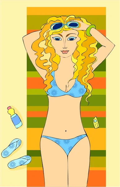 Girl Blonde Bathing Suit Sunbathes Beach Top View — Stock Vector