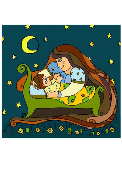 Ibu Dekat Tempat Tidur Anak - Stok Vektor