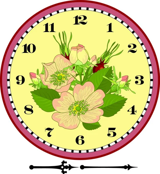 Clock Dial Dogrose Branch — Stock Vector