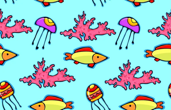 Бесшовный Фон Желтой Рыбой Розовый Коралл Медузы — стоковый вектор