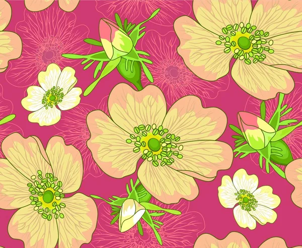 深紅の背景に美しいピンクのブライヤーの花 シームレス壁紙パターン — ストックベクタ