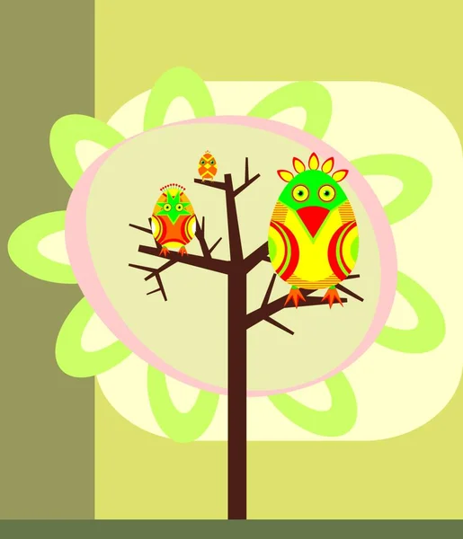 Trois Oiseaux Brillants Assoient Sur Les Branches Des Arbres — Image vectorielle