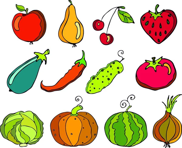 Vektorset Aus Obst Und Gemüse Auf Weißem Hintergrund Mit Klebeband — Stockvektor