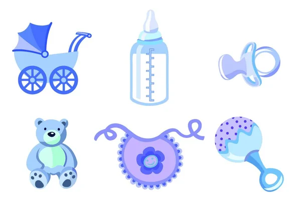 Illustration Vectorielle Icônes Bébé Comprend Chariot Bouteille Ours Peluche Bavoir — Image vectorielle