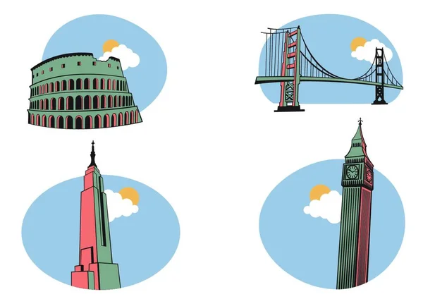 Dünya Seyahat Tüm Vektör Illustration Kolezyum Golden Gate Big Ben — Stok Vektör