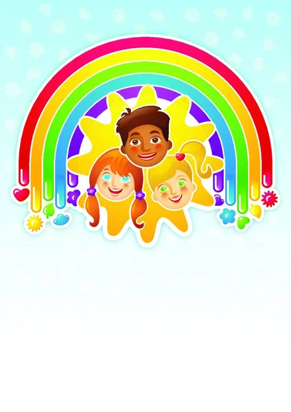 Drie Gelukkige Kinderen Een Regenboog Zon — Stockvector