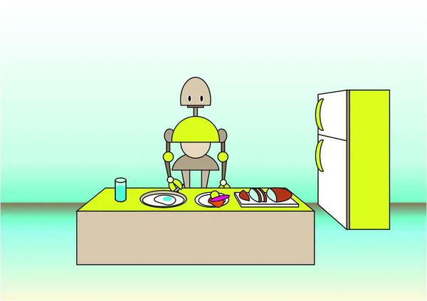 Vektor Illustration Eines Komischen Roboters Der Küche Der Nähe Des — Stockvektor