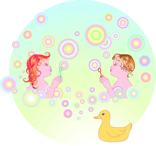 Genç Kız Erkek Blowing Bubbles Vektör Çizim — Stok Vektör