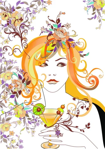 Vector Illuctration Abstract Bella Ragazza Tenendo Cocktail Con Fiori Nei — Vettoriale Stock