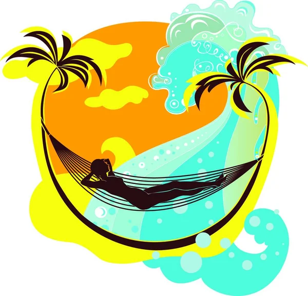 Ilustración Vectorial Joven Hermosa Playa Descansando Hamaca — Vector de stock