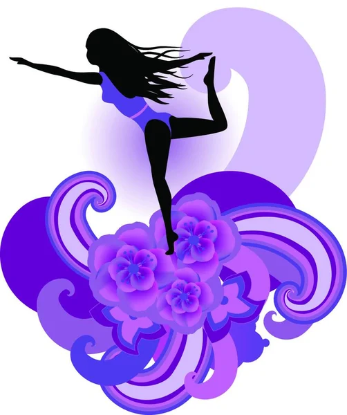 Vektor Illustration Kvinna Practisig Yoga Med Stiliserade Hibiskus Och Andra — Stock vektor