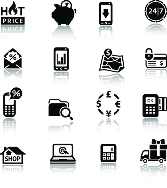 Shopping Pictogrammen Zwart Met Reflectie — Stockvector