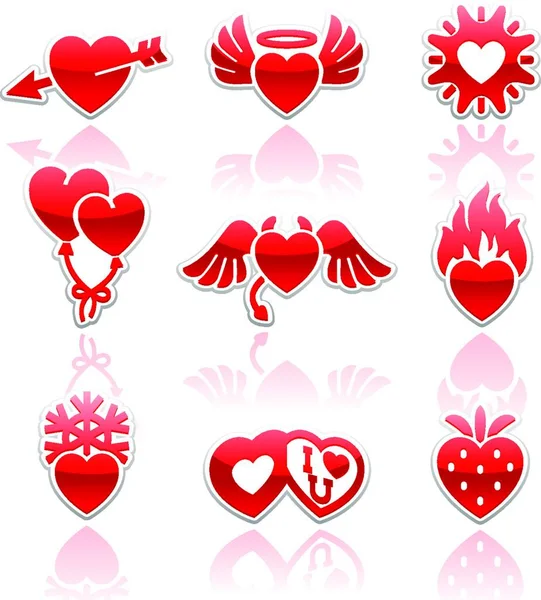 Ορίσετε Εικονίδια Των Ημέρα Του Αγίου Βαλεντίνου Σημάδια Κόκκινες Καρδιές — Διανυσματικό Αρχείο