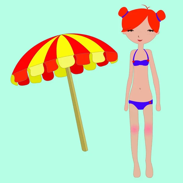 Illustration Vectorielle Fond Été Drôle Avec Petite Fille Parasol — Image vectorielle